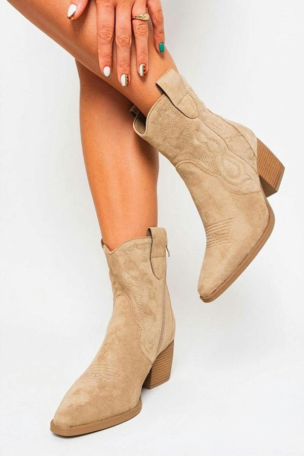 Laura Suede Cowboy Ankle Length Boots - Khaki_wb