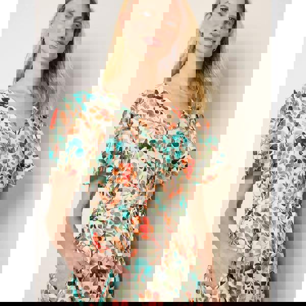 Blue Vanilla Leaf Print Tie Waist Shirt Midi Dress