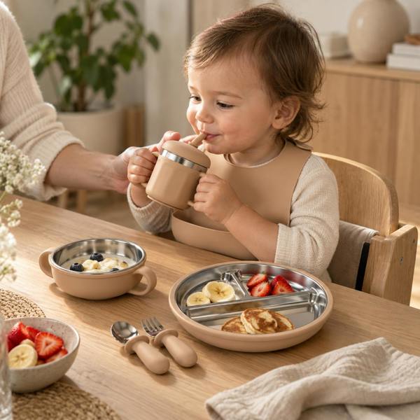 Maison des Cadeaux Baby Feeding & Weaning Set with Stainless Steel Plate, Bowl, Bib, Cup & Cutlery
