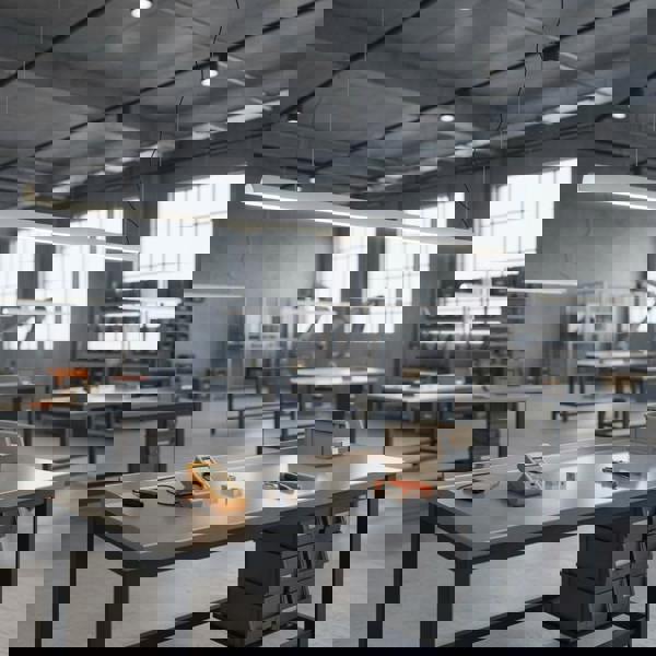 White modern linear pendant light above a work bench in a factory