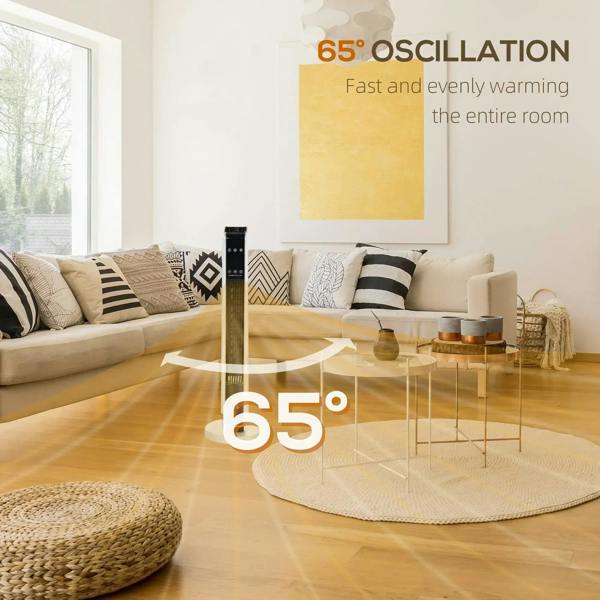 White space heater showing 65° oscillation range over the room