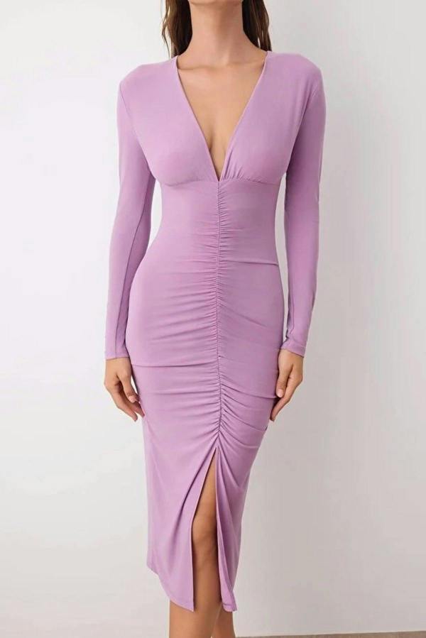 WOVCOR Draped V-Neck Midi Knit Pencil Dress