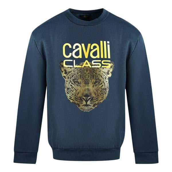 Cavalli Class Leopard Print Logo Navy Blue Jumper - Nova Clothing