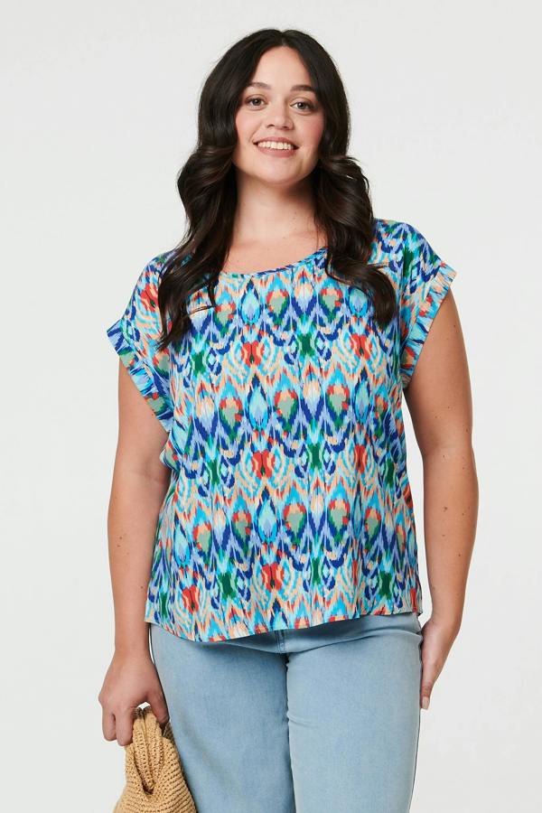 Blue | Curve Printed Cap Sleeve Relaxed Blouse
