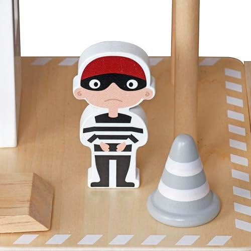HYGRAD® Wooden Police Station Playset for Kids – Multilevel Pretend Play Toy Dollhouse, 3-Level with Figures, Car, Helicopter Pad, Prison Cell