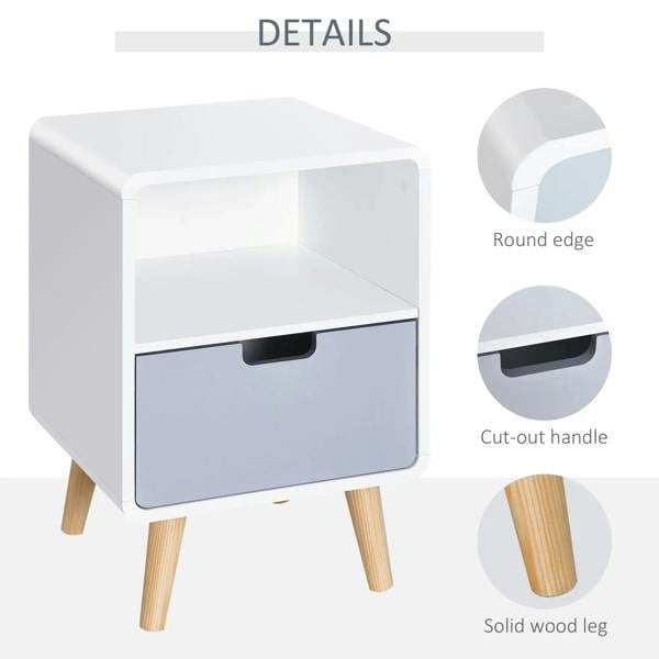 White nightstand details: round edges, cut-out handle, solid wood legs