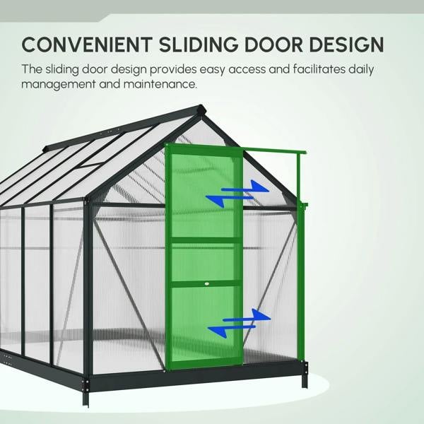 Grey greenhouse with clear twin-wall polycarbonate walls and convenient sliding door