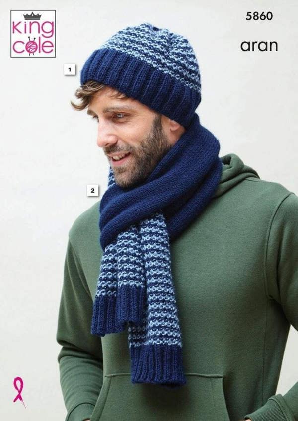 King Cole Fashion Aran Knitting Pattern 5860, Headwear, Scarves for Men, One Size