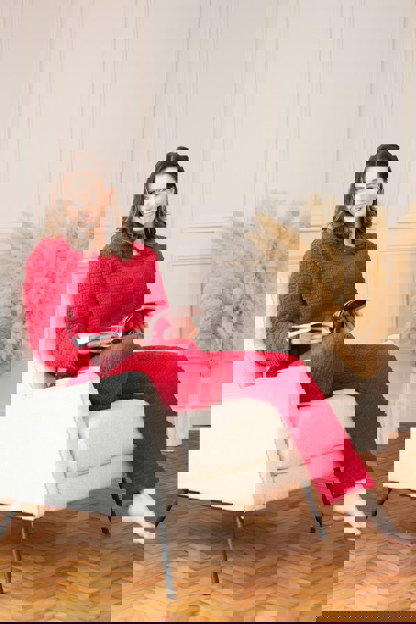 Camille Womens Burgundy Supersoft Fleece Textured Woven Pattern Pyjama Set