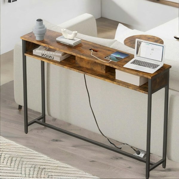 Rafaelo Mobilia Hallway Console Table With Charging Station Rustic Brown