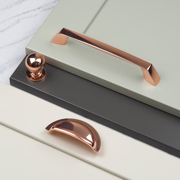 Handle & Home Rose Gold Copper Coordinating Tapered Handle, Cup Handle, and Coordinating Knob
