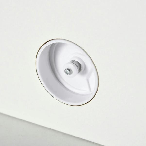 White recessed mounting/cable access plate on underside of floating TV console