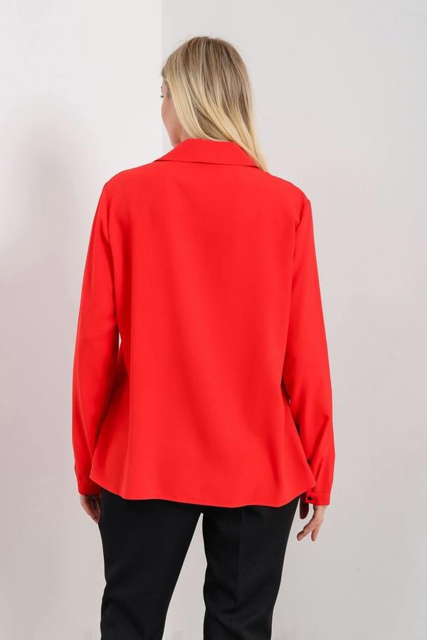 Hoxton Gal Oversized Long Sleeves Blouse Shirt with Button Details in Red