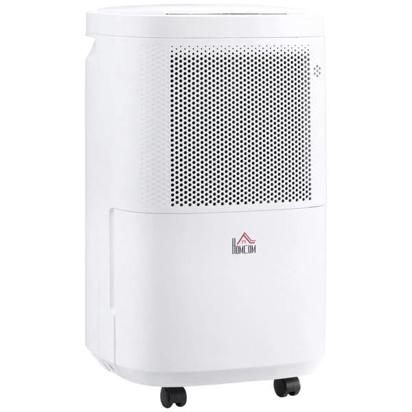 White portable electric dehumidifier with front air vent and caster wheels