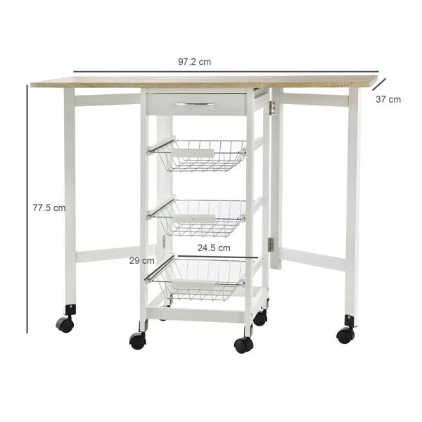 White kitchen cart trolley with oak top, three wire baskets, and measurements on frame