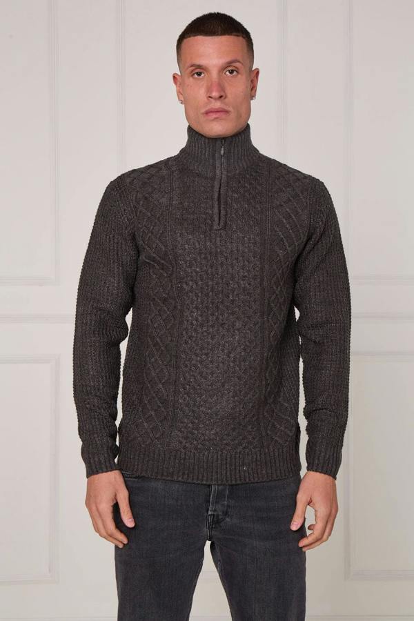 Men’s Half Zip Cable Knit Textured Jumper
