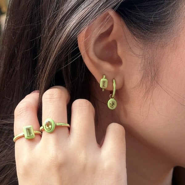 Gemondo Siberian Waltz Green Enamel & Baguette Peridot Hoop Earrings in Rose Gold Plated Sterling Silver