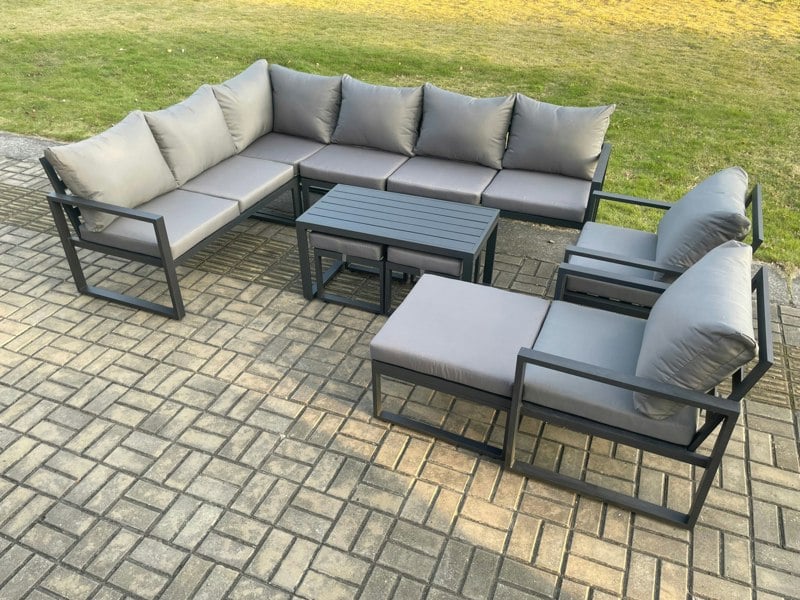 Fimous Aluminium 11 Seater Outdoor Lounge Corner Sofa Set Garden Furniture Sets with Oblong Coffee Table 2 Chairs 3 Footstools Dark Grey