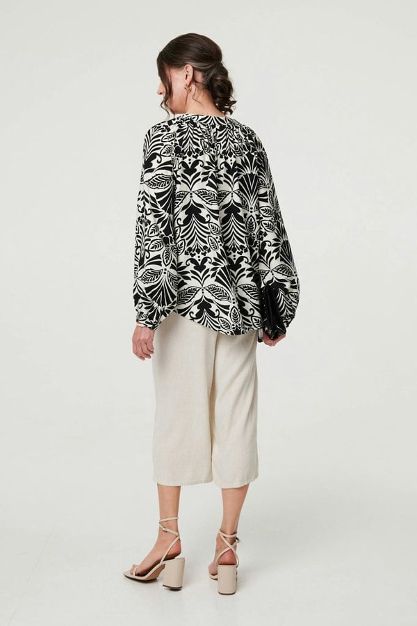 Black | Printed Long Sleeve Button Front Blouse
