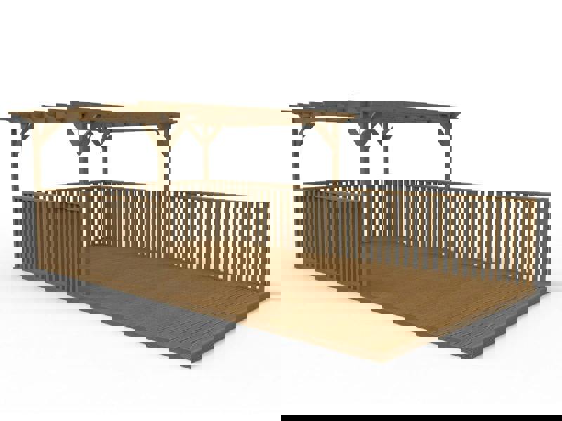 Rectangular pergola and decking kit with balustrade, made from pressure treated timber and high quality pergola posts, featuring a raised wooden deck, vertical slatted balustrade, and an open pergola roof frame.