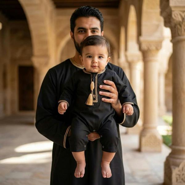 TT-003 - Baby Toddler Emirati Omani Gold Tassel Romper Thobe - Black - Thobez - 11