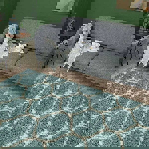 Trellis Design Thick Shaggy Area Rugs Duck Egg Blue