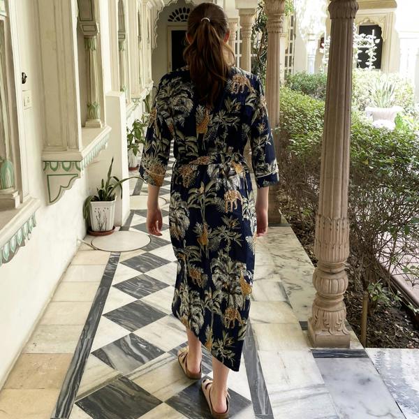 Hayley & Co Giraffe Print 100% Cotton Dressing Gown in Dark Blue
