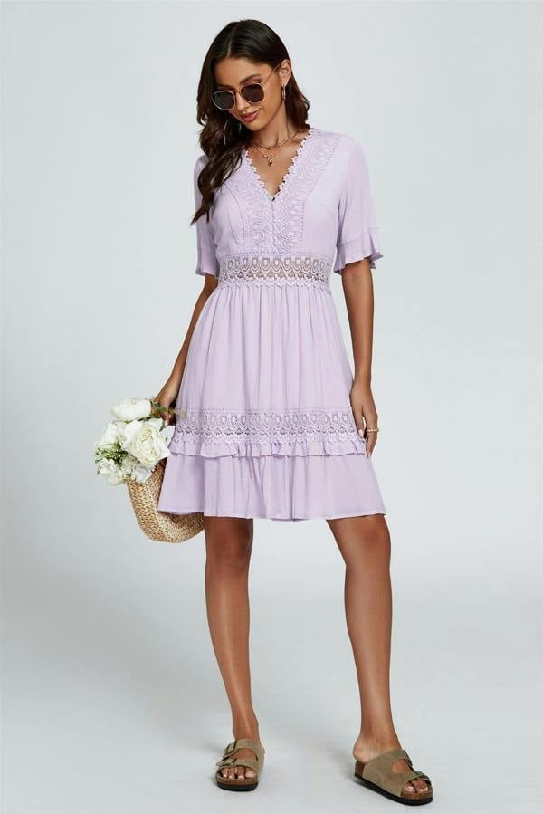 FS Collection V Neck Lace Mini Dress In Purple