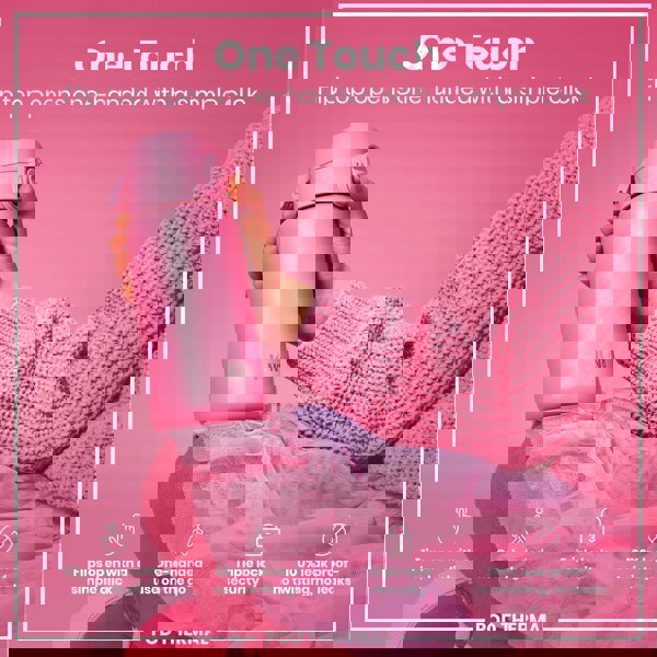 A pink ION8 water bottle is held; its flip top opens one-handed. The bottle is shown against a pink background with pink fabric. "One Touch. Flip top opens one-handed with a simple click." Also, "Flips open with a simple click," "One-handed use on the go," "Triple lock security," "100% leak proof - no twisting, no leaks," and "POD THERMAL" are present.