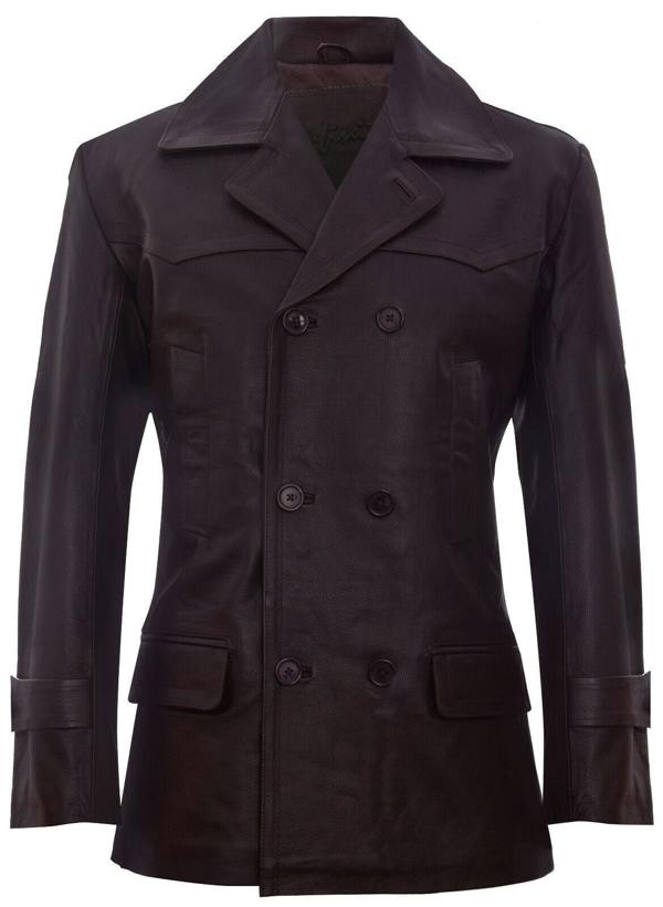 Infinity Leather Mens Cow Hide Dr Who Naval German Pea Coat Leather Jacket