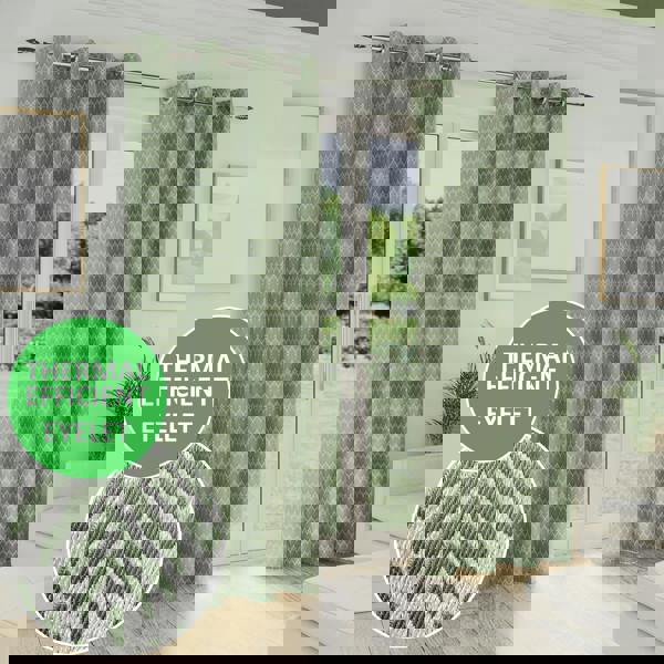 Enhanced Living Green Geometric Leaf Pattern Room Darkening Thermal Energy Saving Pair of Curtains with Eyelet Header For Living Room & Bedrooms