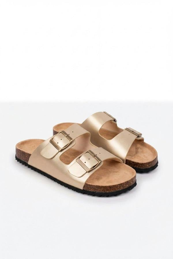 Nina Womens Buckle Strap Cork Slide Sandals - GOLD