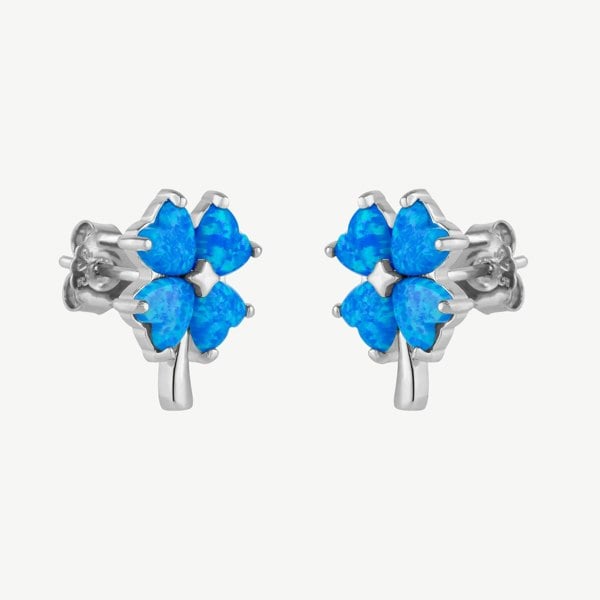 Spero London Blue Opal Four Leaves Clover Sterling Silver Stud Earring