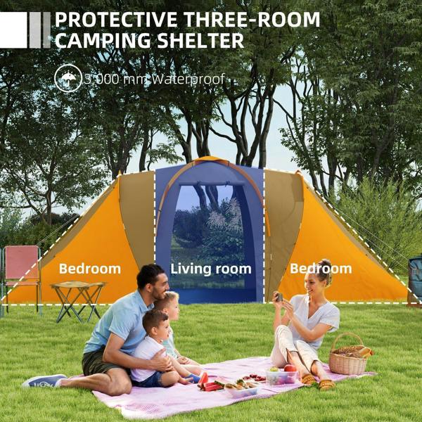 Orange tunnel camping tent with central living-room arch and two bedroom side doors