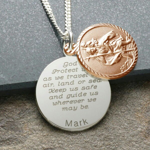 Christopher James of London 9ct Rose Gold Plated & Silver Personalised St Christopher With Concealed Travellers Prayer