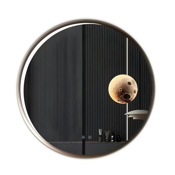 ENER-J Round Aluminum LED Mirror with Moon Design - 70cm Diameter, Dimmable & CCT Adjustable Lighting