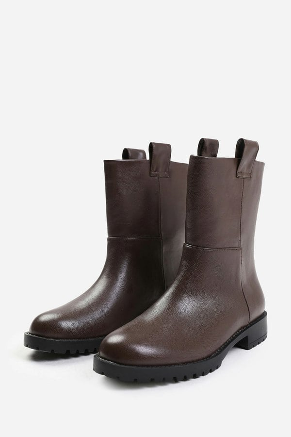 Where's That From Delta Wide Fit Mid Calf Boot With Stitching Detail in Dark Brown Grain Faux Leather