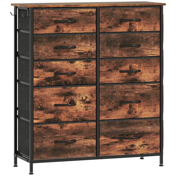 Rustic brown fabric drawer chest with 10 pull-out drawers and metal handles