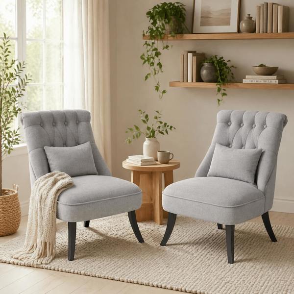Wyld Haus Sava Grey Set Of 2 Armless Button Tufted Tub Chairs With Linen Upholstery