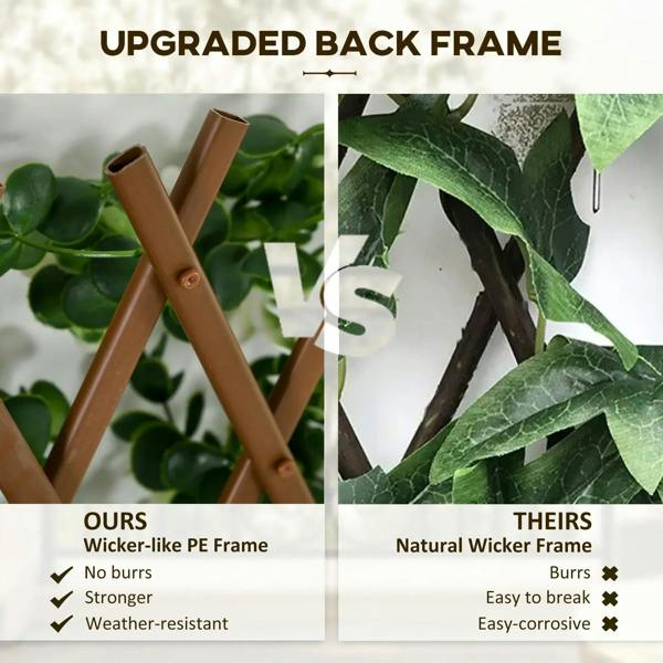 Faux privacy trellis back frame with brown bars and green leaf detail