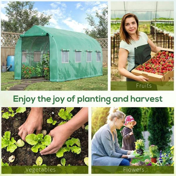 Green polytunnel greenhouse with zip door and side window panels on a garden lawn