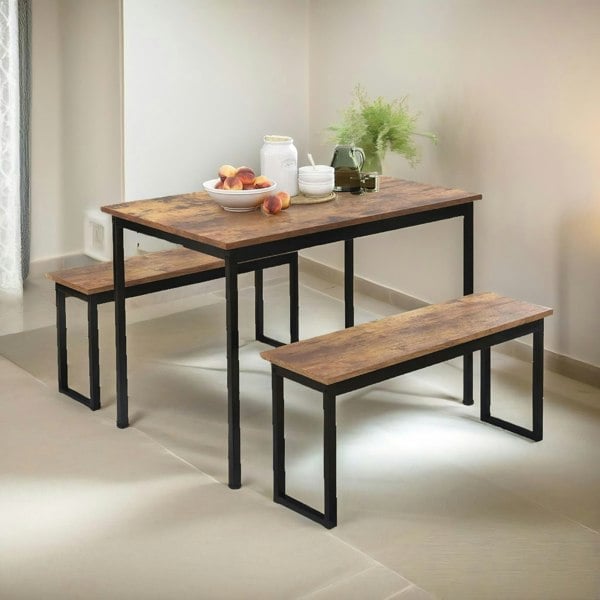 Rafaelo Mobilia Industrial Dining Table Set With 2 Benches Rustic Brown