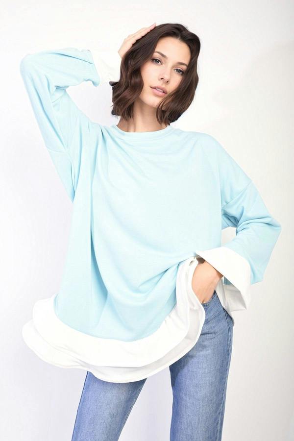 Fiona Contrast Ruffled Hem Top - Sky Blue