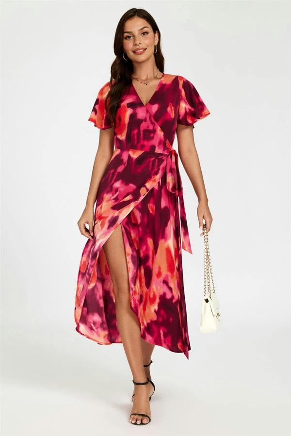 FS Collection Abstract Print Wrap Maxi Dress In Burgundy