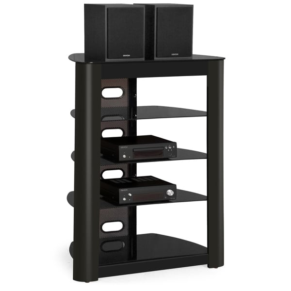 Centurion Supports Zinnia 5-Shelf Black Glass with Gloss Black Fascia Flat Screen TV/Hi-Fi/AV Rack Glass Stand