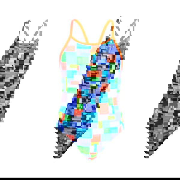 Funkita girls chip set diamond back swimsuit in multicolored geometric pattern with orange straps