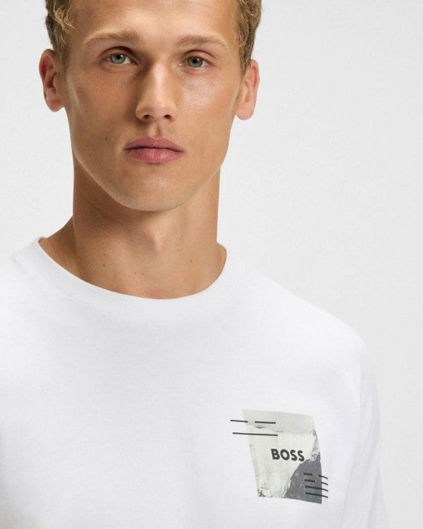 BOSS Green Zone Stripe Mens T-Shirt with Decorative Reflective Accents - White 100