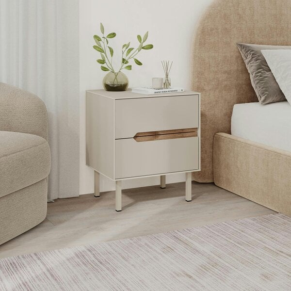 Decortie Arch 2 Drawer Bedside Table Sandstone Whiskey Oak 45 x 35 x 52.5 cm (Sandstone and Whiskey Oak)