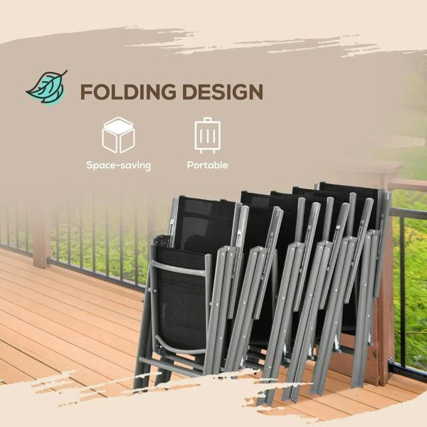 Foldable dining chairs stacked together with black textilene seats and gray aluminum frames