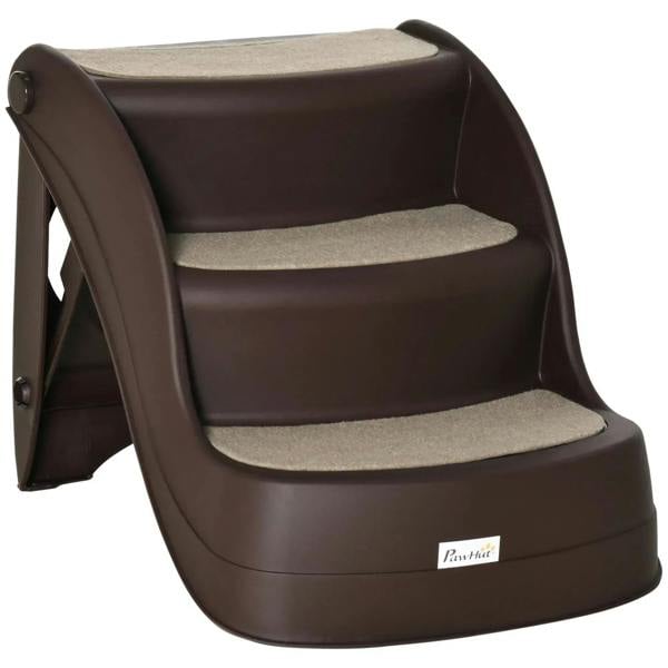 Brown 3-step dog stairs with beige non-slip treads and side handles